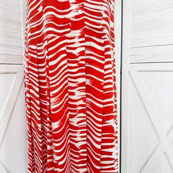 Cabi Brushstroke Drop Waist Pleated Sleeveless Shift Dress Red White Medium - Picture 7 of 13